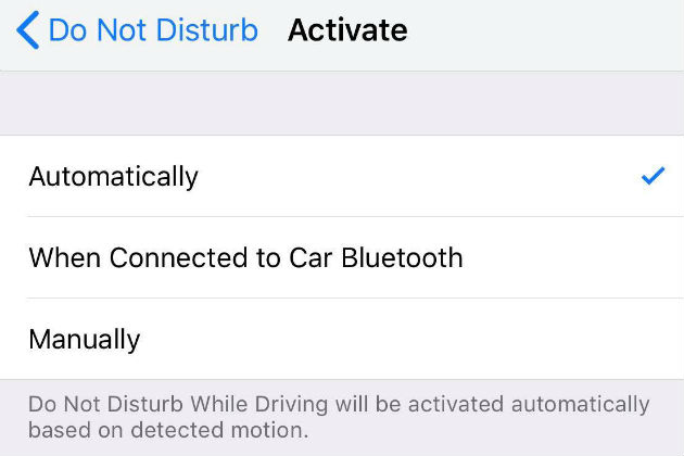 Apple's do not disturb while driving settings page