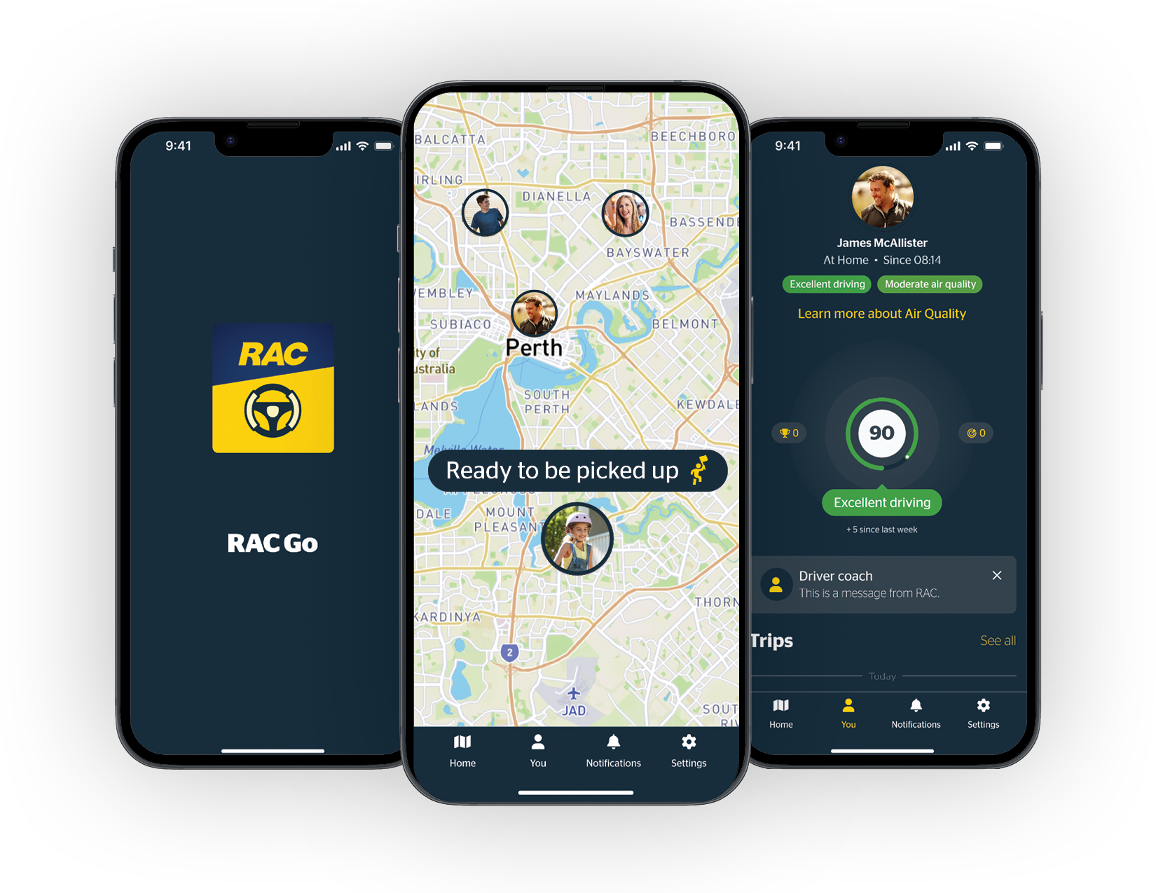 RAC Go app showing three screenshots