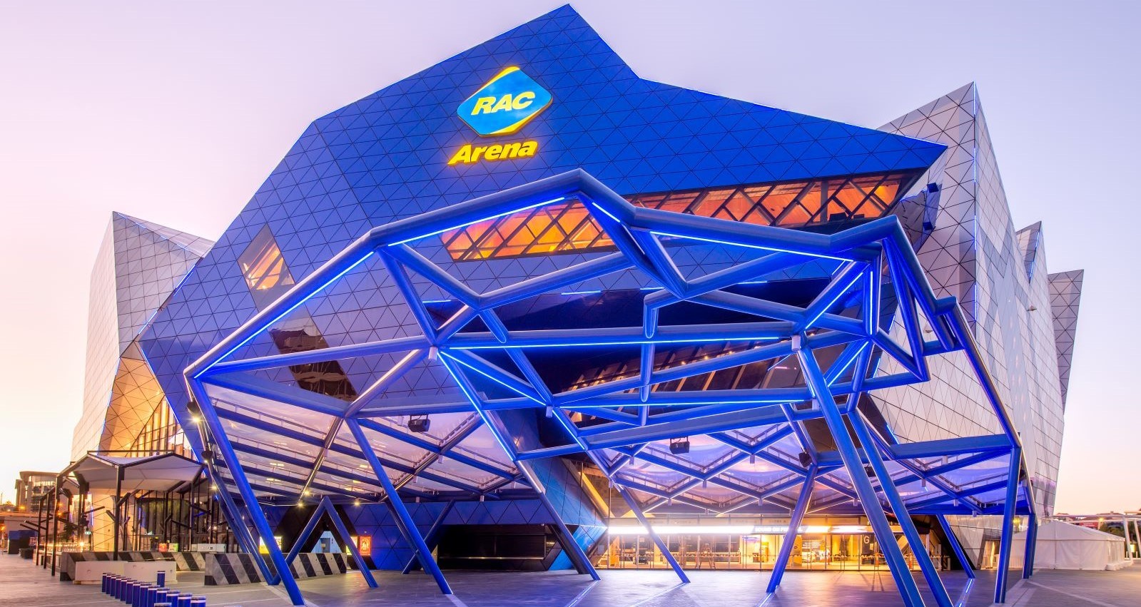 Outside view of the RAC Arena at sunset