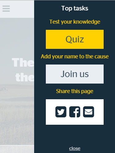 Mobile view of an RAC microsite with large square rectangular navigation buttons