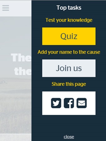 Mobile view of an RAC microsite with large square rectangular navigation buttons