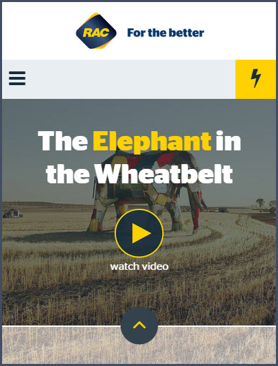 Mobile view of an RAC microsite with large circular play button.