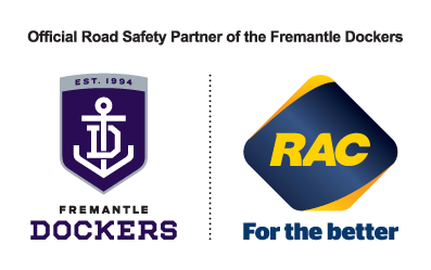 Official Road Safety Partner of the Fremantle Dockers. Fremantle Dockers and RAC logos displayed side by side.
