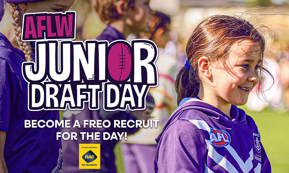 AFLW Junior Draft Day. Become a Freo recruit for the day. RAC logo.
