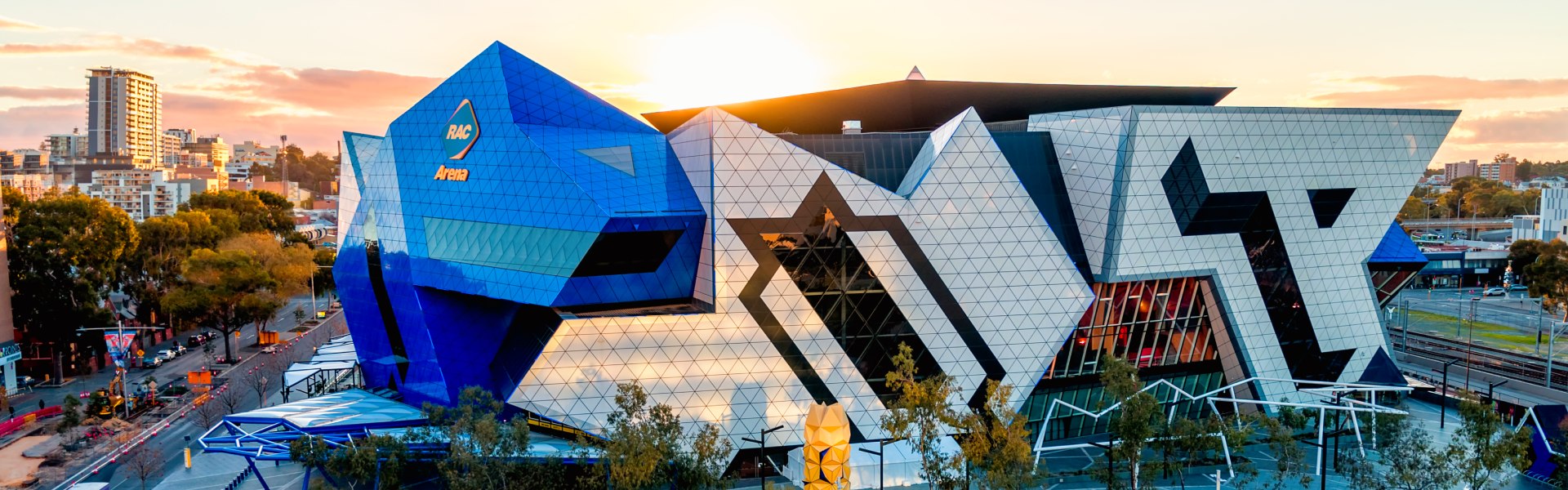 RAC Arena external building drone shot at dusk