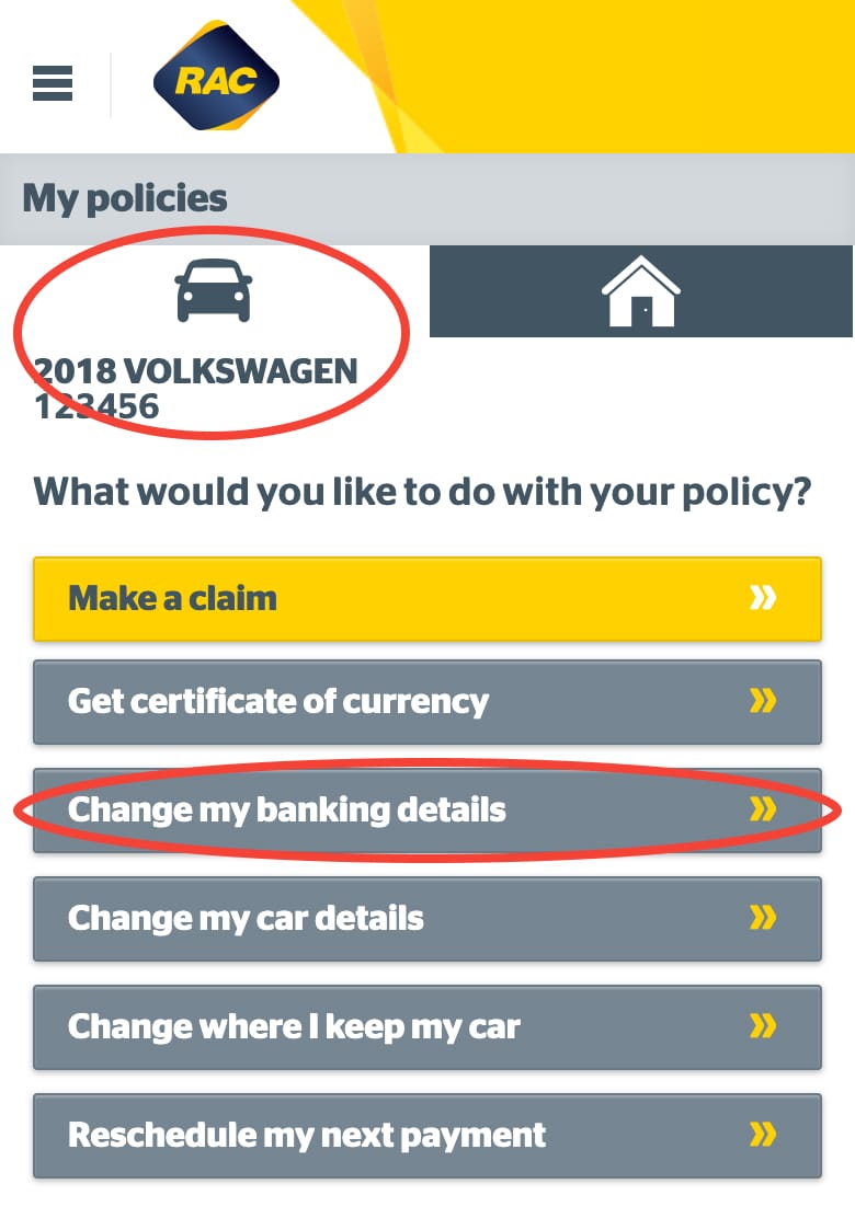 Selecting Change my banking details on Mobile
