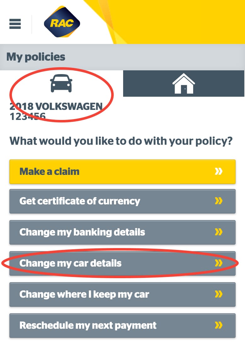 Selecting your motor poclicy and Change my car details on Mobile