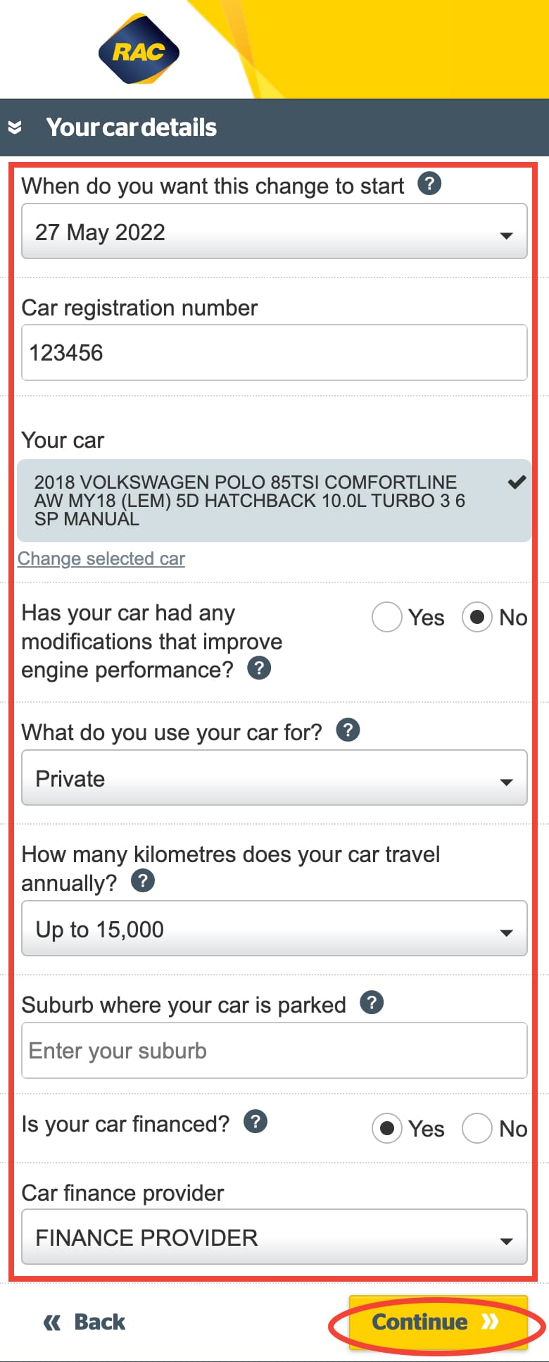 Updating your car details on Mobile