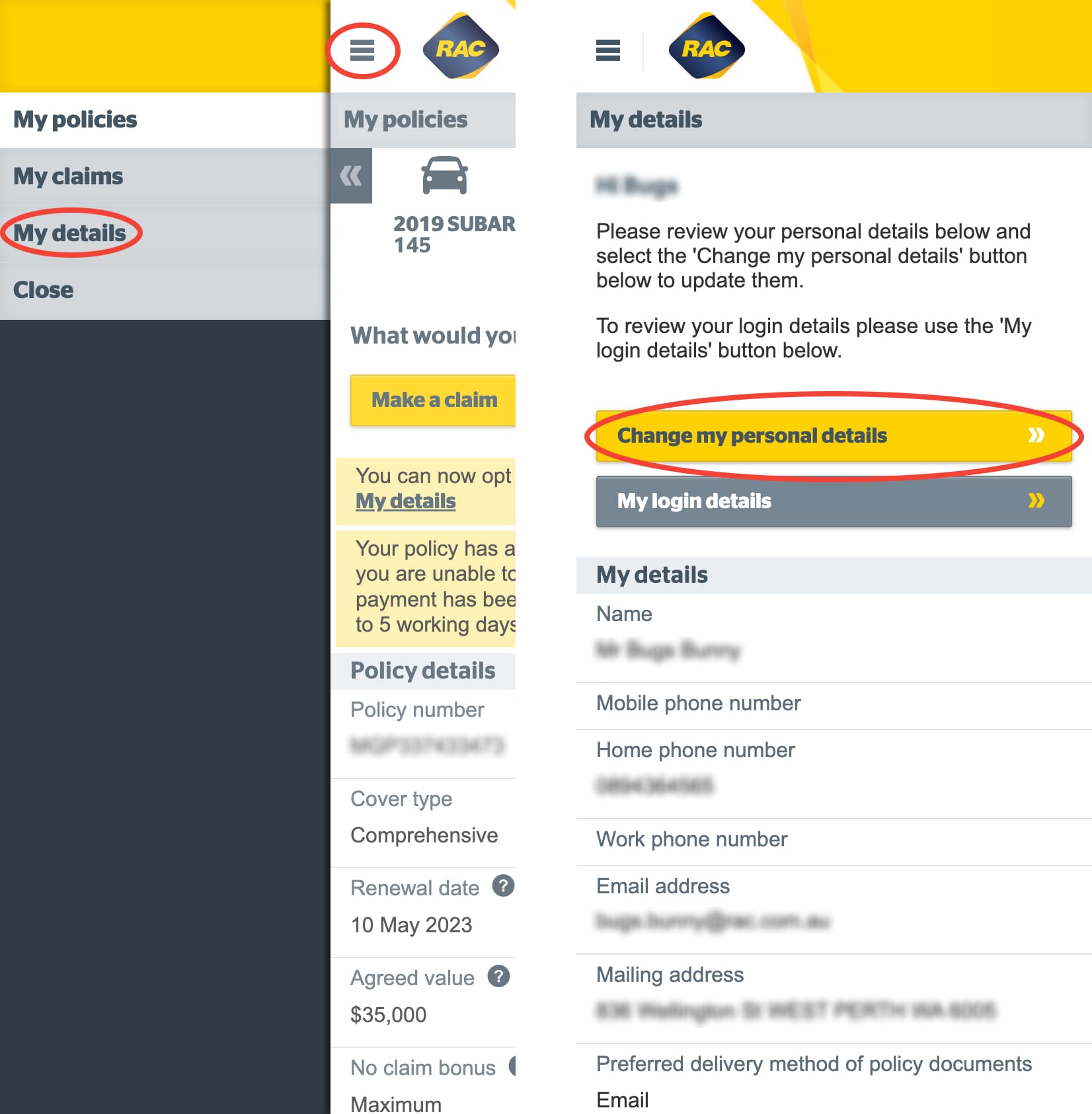 Selecting My details and Change my personal details on Mobile