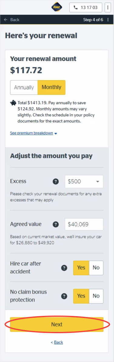 Renewal amount car on mobile