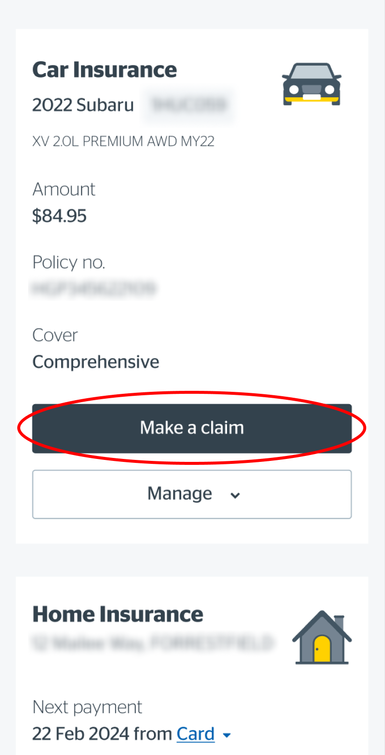 Selecting Make a claim on mobile