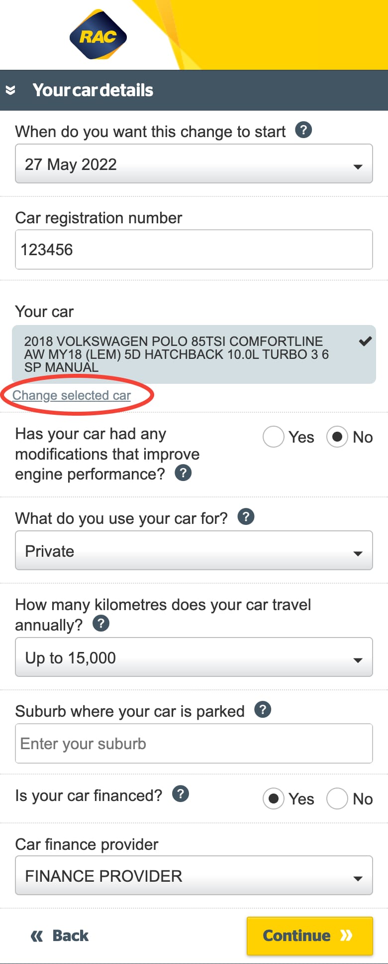 Select change selected car on Mobile