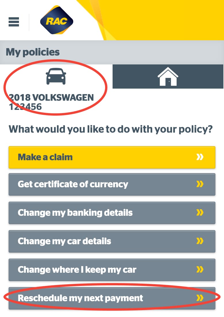 Choosing your policy and selecting reschedule my next payment on mobile