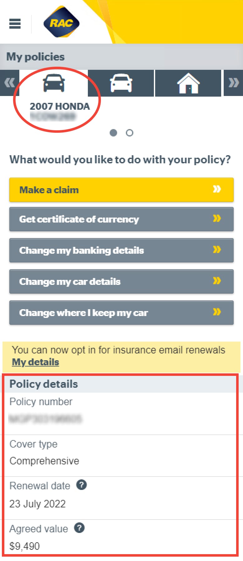 Selecting your policy and viewing its details on Mobile