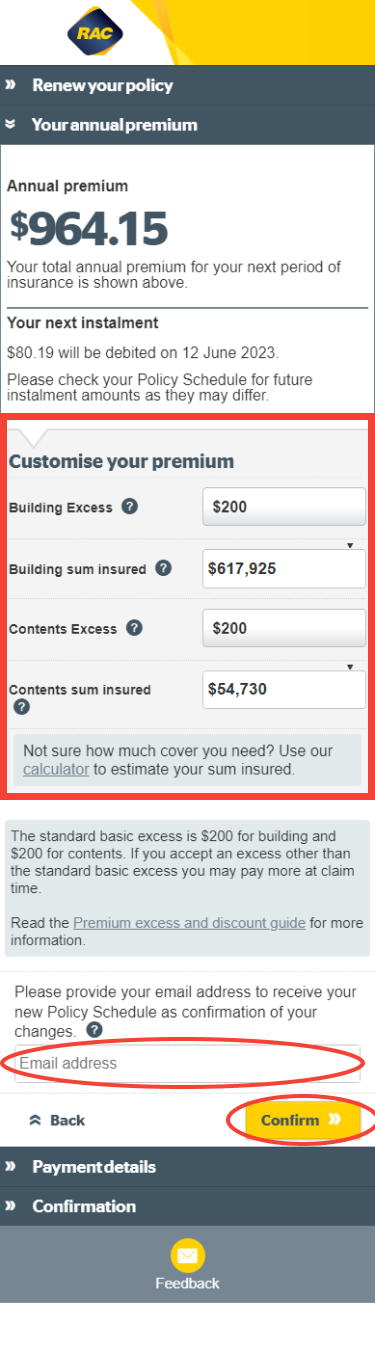 Excess and agreed value on mobile
