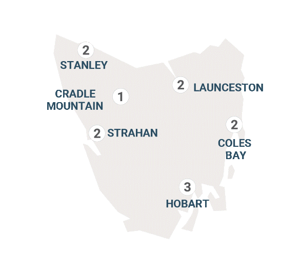 Map of Tasmania indicating the number of nights in each location of this itinerary