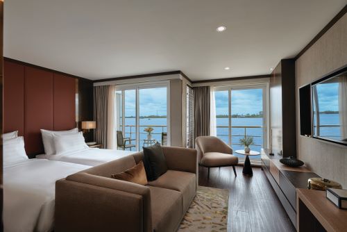 The spacious twin balcony suite aboard the Mekong Serenity with big top to bottom windows