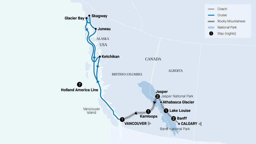 Map of Canada and Alaska indicating all stops along this itinerary