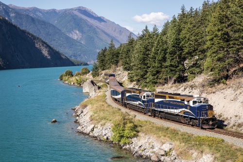 The Rocky Mountaineer making its way through the Canadian mountain landscape