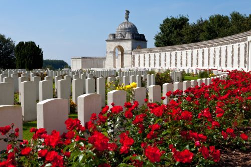 Rows of white headstones in a military cemetery with vibrant red flowers in the foreground and a domed memorial structure in the background