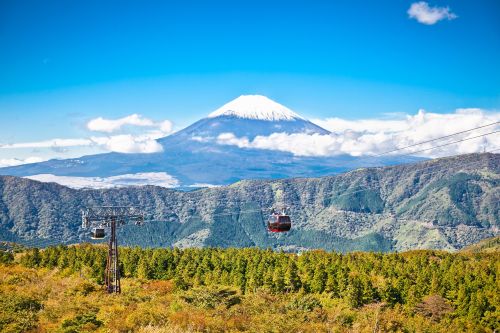 Cable cars moving over green hills with Mount Fuji in the background under a clear blue sky
