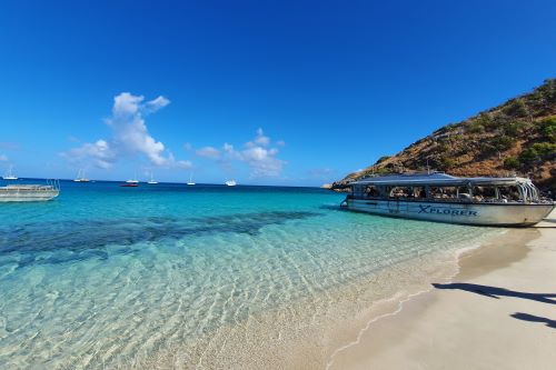 A beautiful beach with clear blue water, gentle waves, and Coral Adventurer's tender boat docked on the sandy shore.