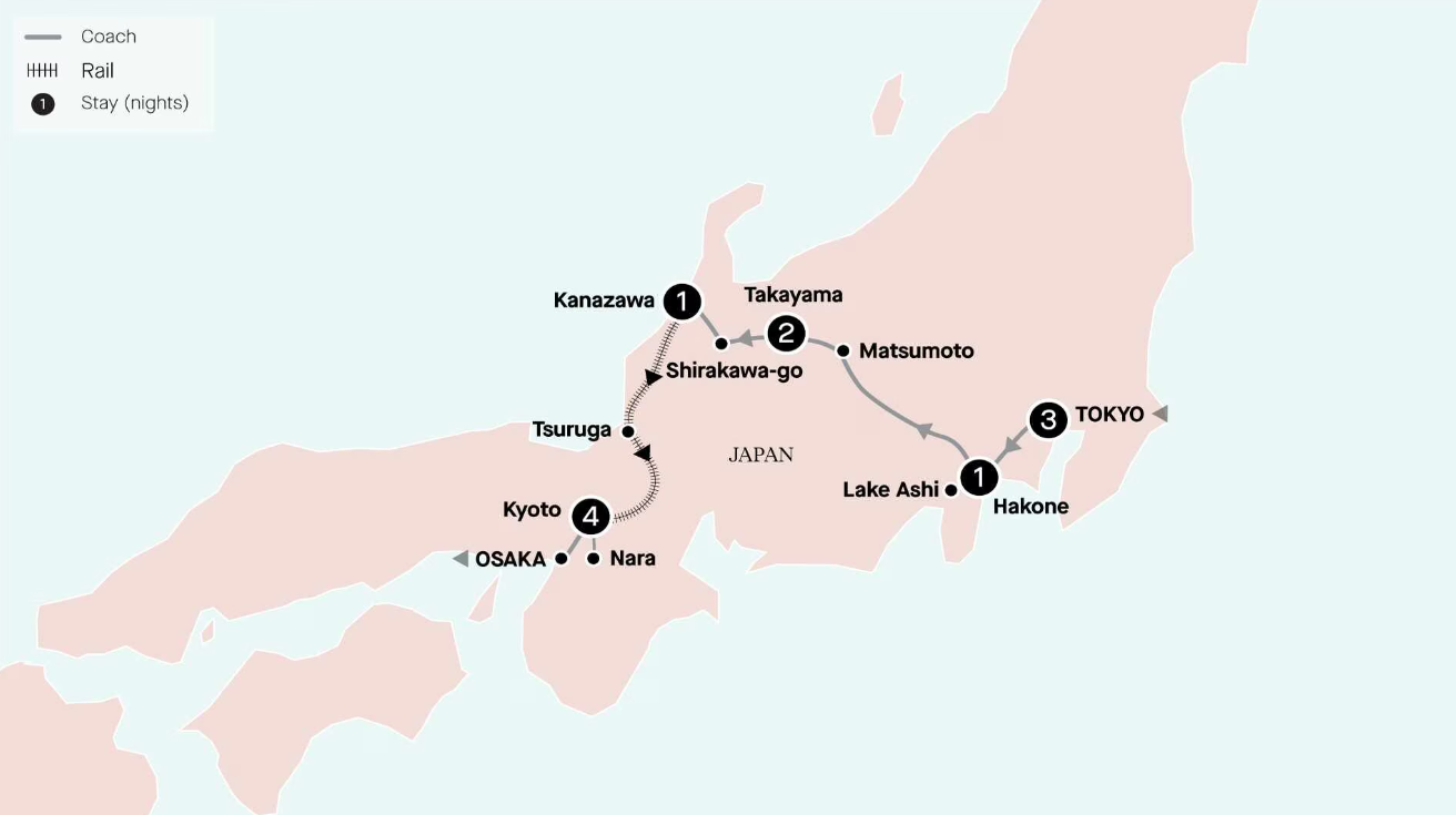 Map of Japan indicating all stops along this itinerary 