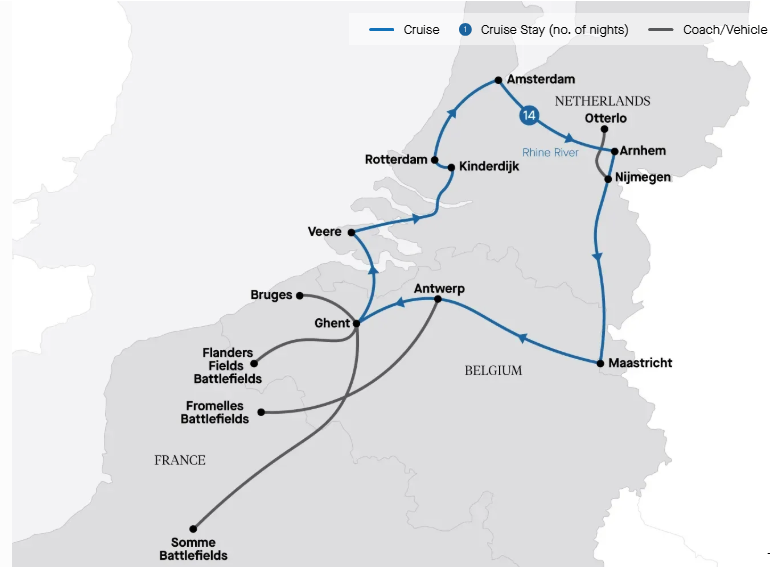 Map of Western Europe indicating all stops along this itinerary