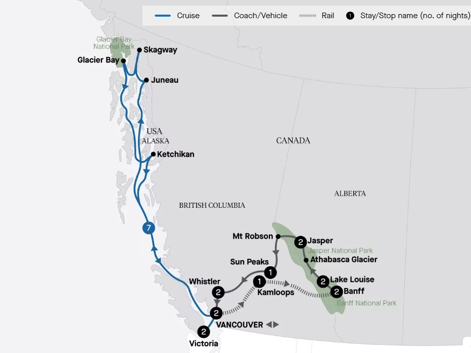 Map of Canada and Alaska indicating all stops along this itinerary. 