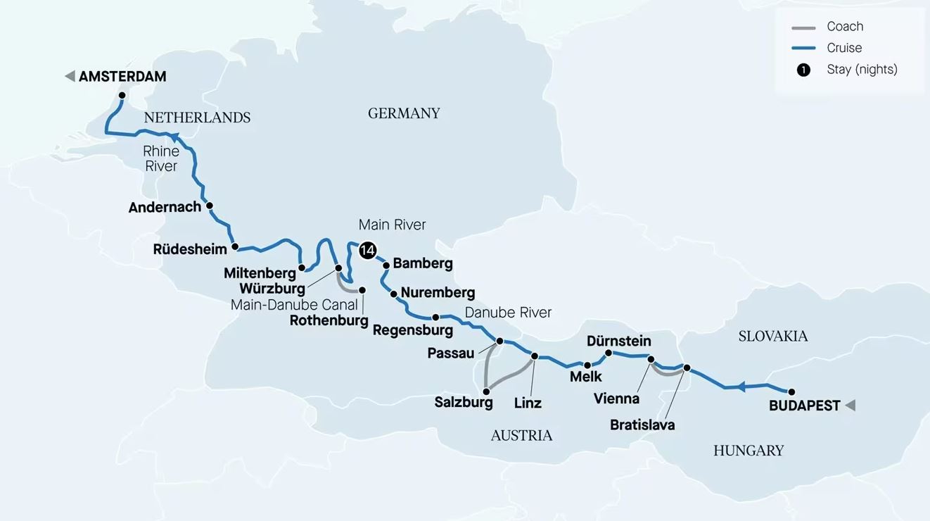 Map of Europe indicating all stops along this itinerary 