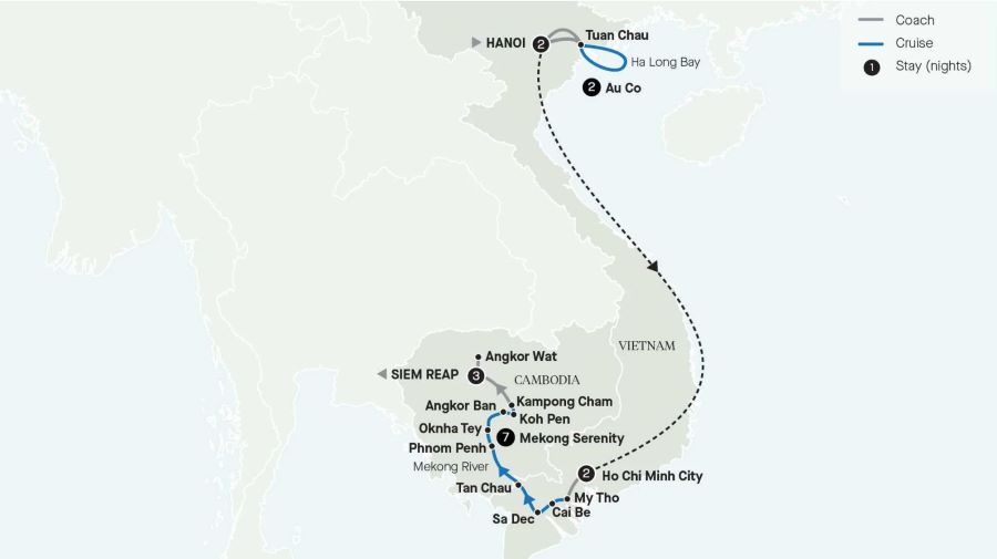 Map of Vietnam and Cambodia indicating all stops along this itinerary 