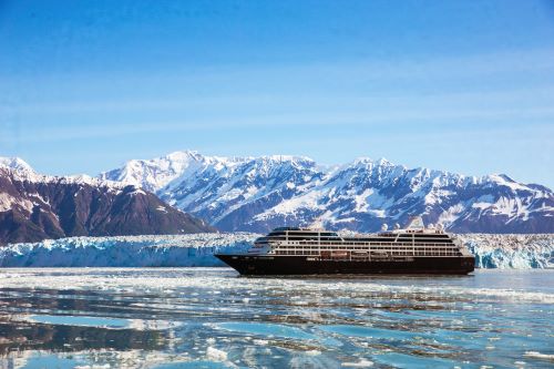 An Azamara cruise ship cruising in the glaciers of Alaska