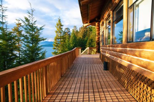 A cabin in Ketchikan with tall pine trees looking out to the glaciers