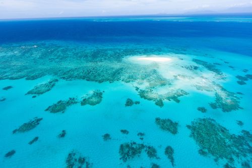 Aerial view of turquoise waters and coral reefs with a small sandy patch in the Great Barrier Reef