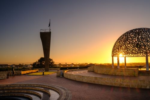 The HMAS Sydney II Memorial in Geraldton towards a sunset sky. 