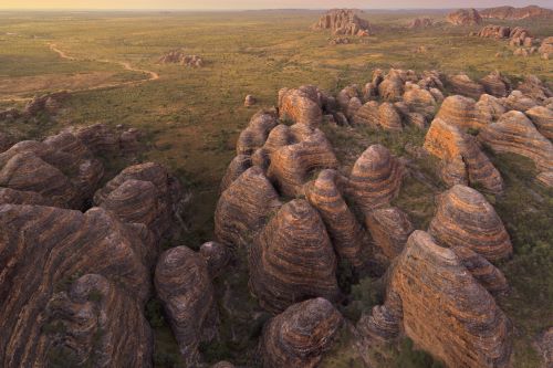 Aerial view of the dome-like rock formations in the Bungle Bungle Range. 