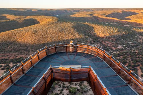 A traveller on the Kalbarri skywalk viewing platform overlooking the vast outback.