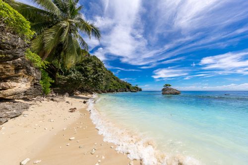 The pristine beach of Flying Fish Cove in Christmas Island with palm trees growing close to the turquoise water