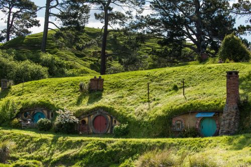 Hobbiton in Tauranga New Zealand with lush green lawn and little houses 