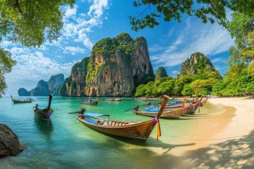 Longboats on the beach with the green ocean and green cliff faces in the background