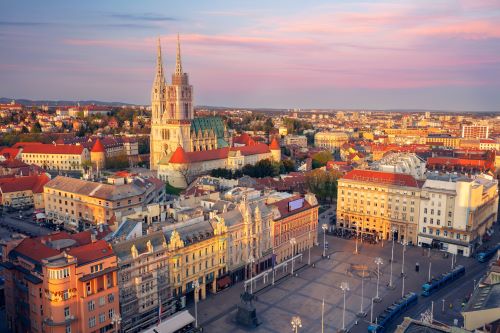 Aerial cityscape image of Zagreb capital city of Croatia at sunset.