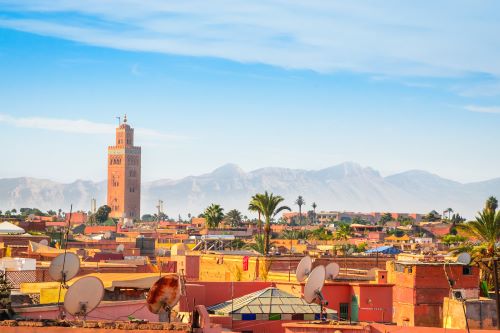Panoramic view of colourful Marrakech and old Medina. 