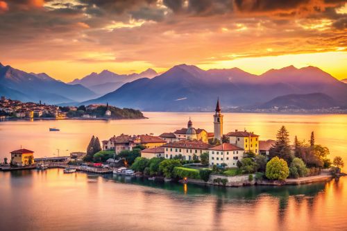 Isola dei Pescatori on Lake Maggiore at dusk in Stresa, Italy
