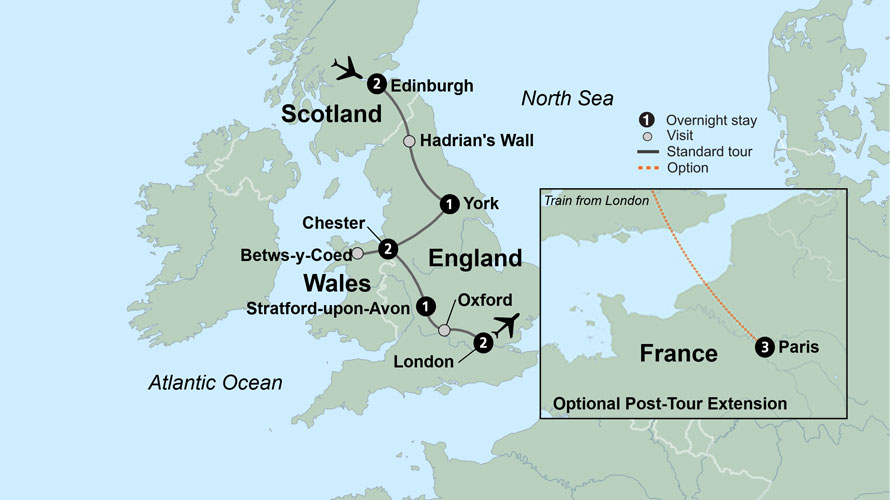 Map of England indicating all stops along this itinerary. 