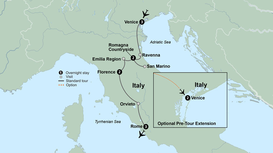 Map of Italy indicating all stops along this itinerary 