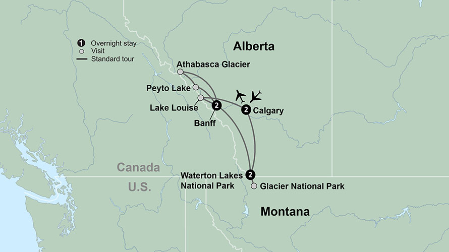 Map of Canada indicating all stops along this itinerary. 