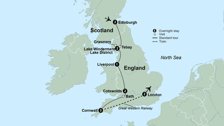 Map of England indicating all stops along this itinerary. 