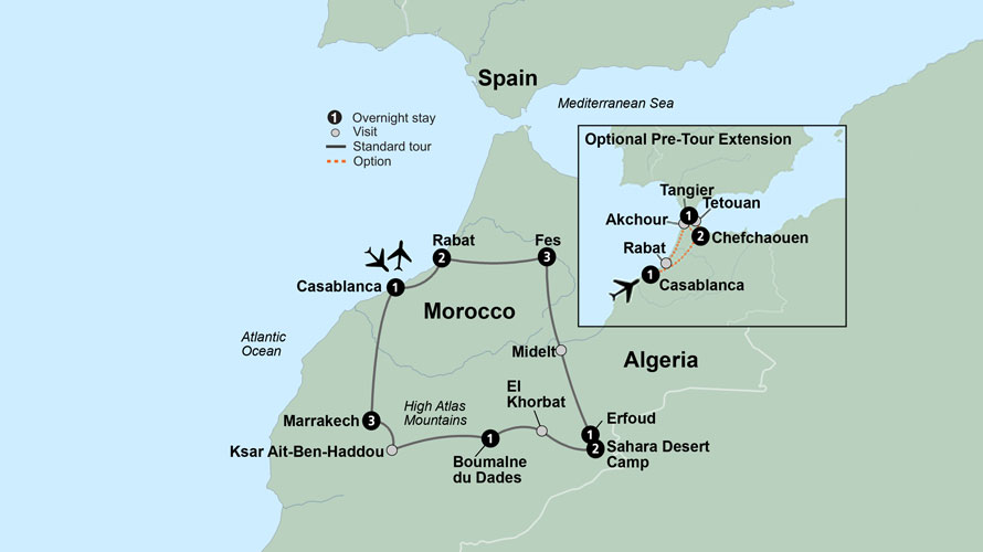 Map of Morocco indicating all stops along this itinerary. 