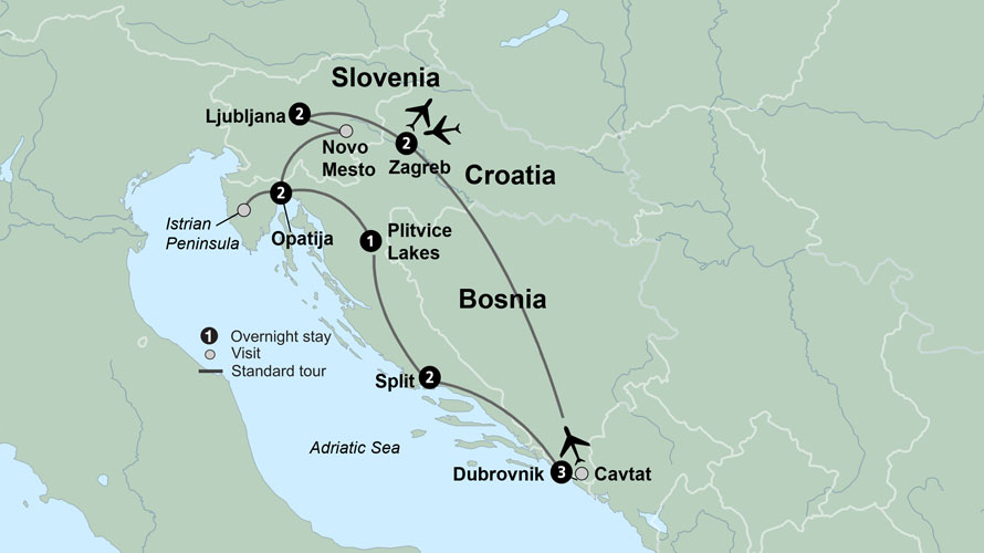 Map of Croatia indicating all stops along this itinerary. 