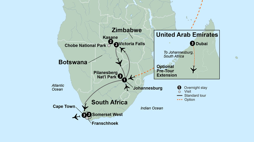 Map of Africa indicating all stops along this itinerary. 